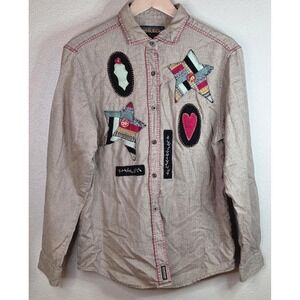 VTG Woolrich Cotton Shirt Embroidered John Rich & Bros Tan M Patchwork Longsleev